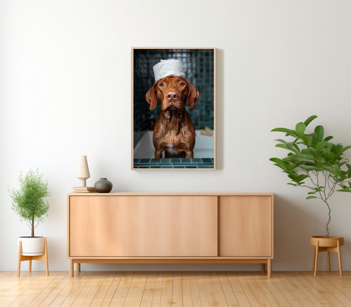 Funny Wet Vizsla in Shower with Toilet Paper Turban Bathroom Poster - Image 2