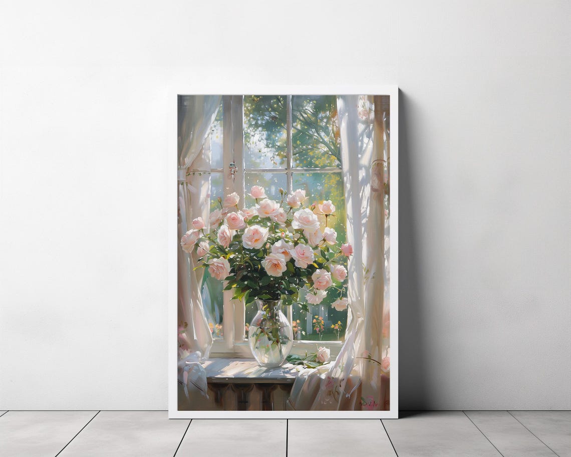 Pink Roses Bouquet in Glass Vase Sunny Garden Window Art Poster - Image 3