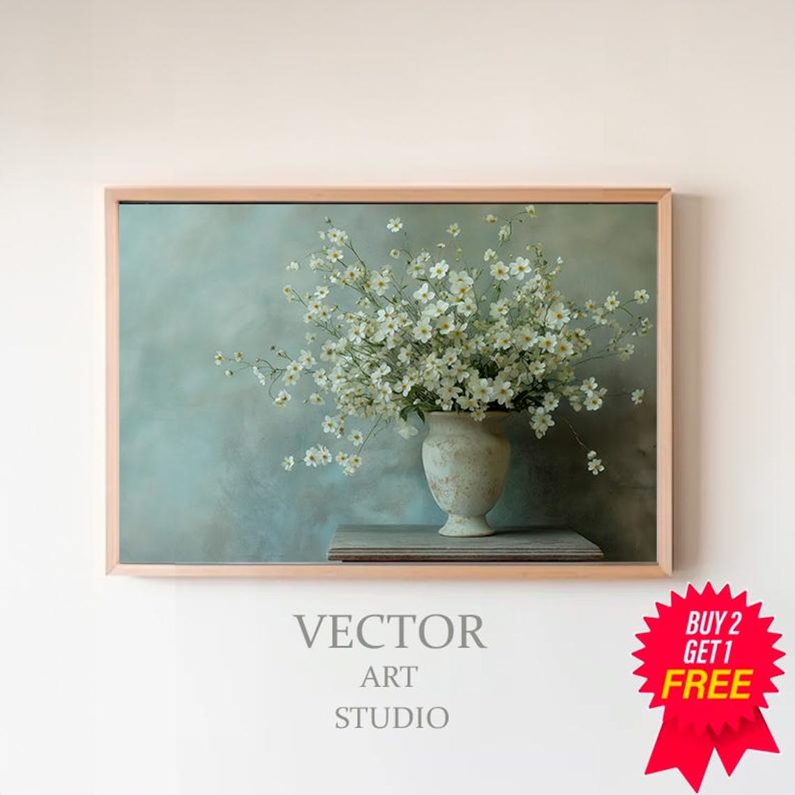 Delicate Tiny White Wildflowers In Aged Stone Vase Still Life Poster