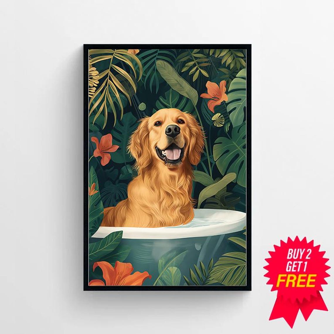 Grinning Golden Retriever Happy Bath Time Jungle Flower Poster - Image 4