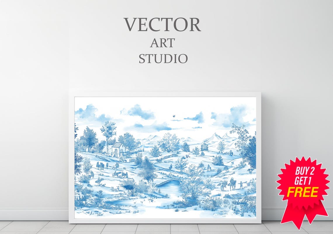 Blue Toile River Landscape With Village Bridge Vintage Poster - Image 3