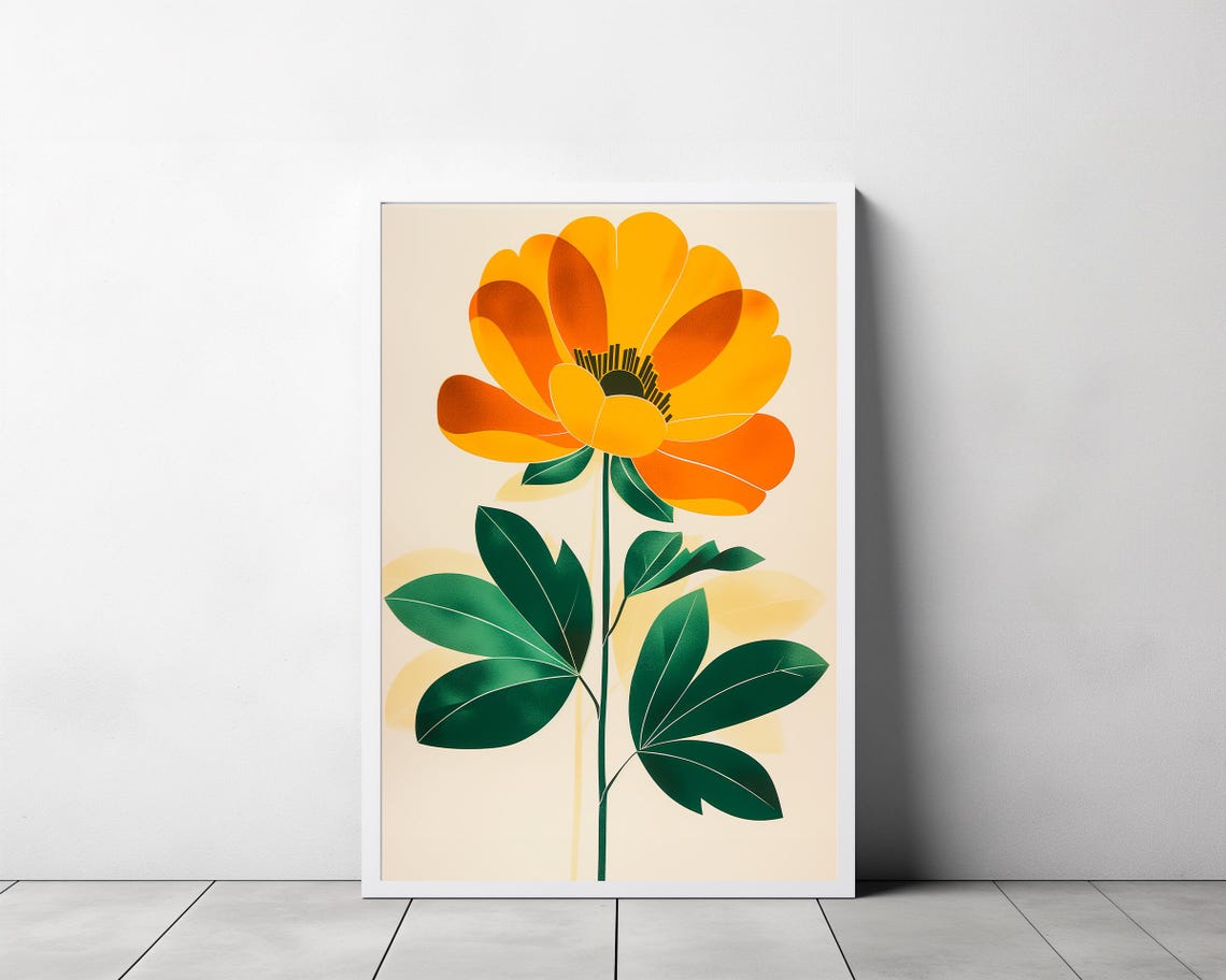 Vibrant Orange Marigold Bloom Boho Botanical Cream Art Poster - Image 3