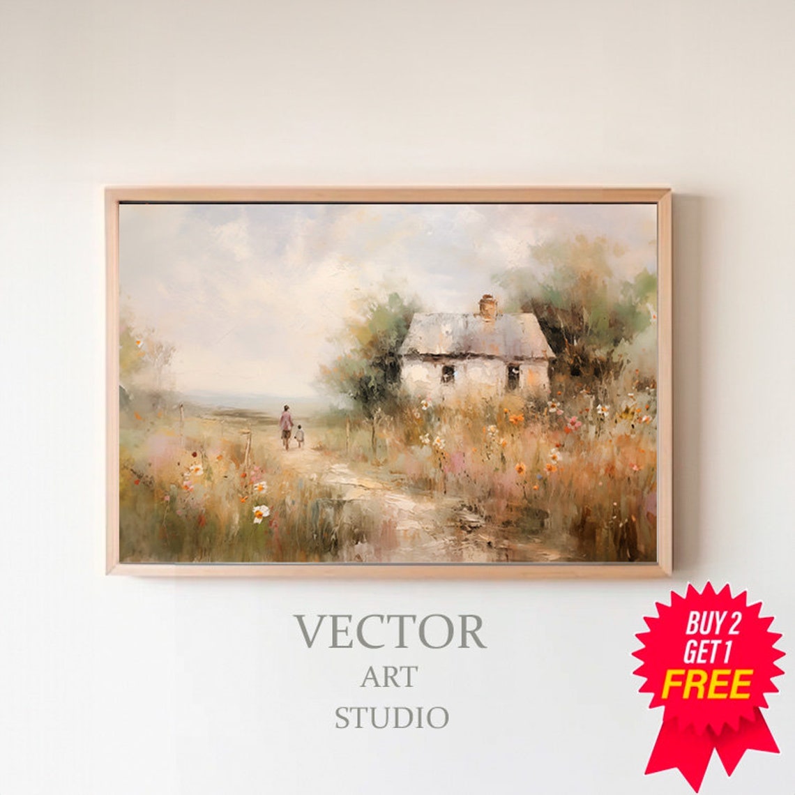 Country Cottage Path with Woman and Child in Wildflower Field Poster