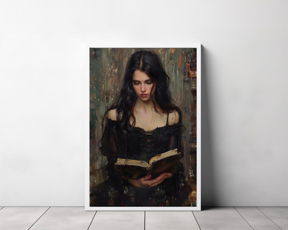 Moody Woman Reading Antique Book Dark Romantic Oil Art Print - Image 3
