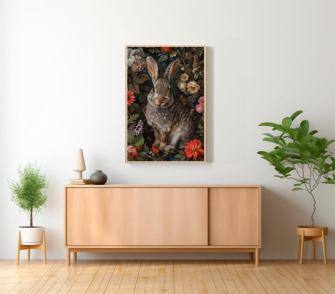 Vintage Bunny Rabbit Among Roses Botanical Floral Art Nouveau Poster - Image 2