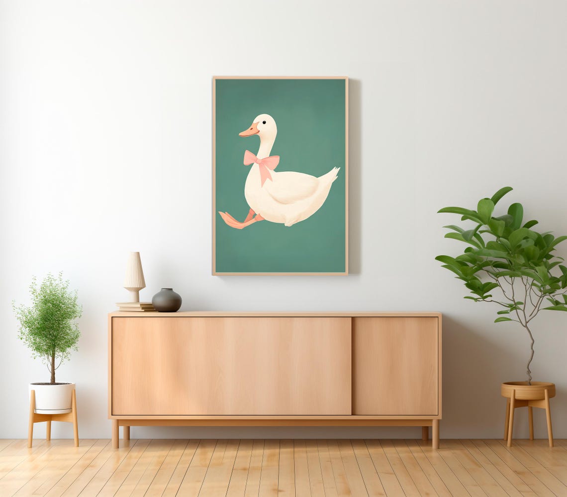 Playful White Duck With Pink Bow Jumping on Dark Teal Poster - Image 2