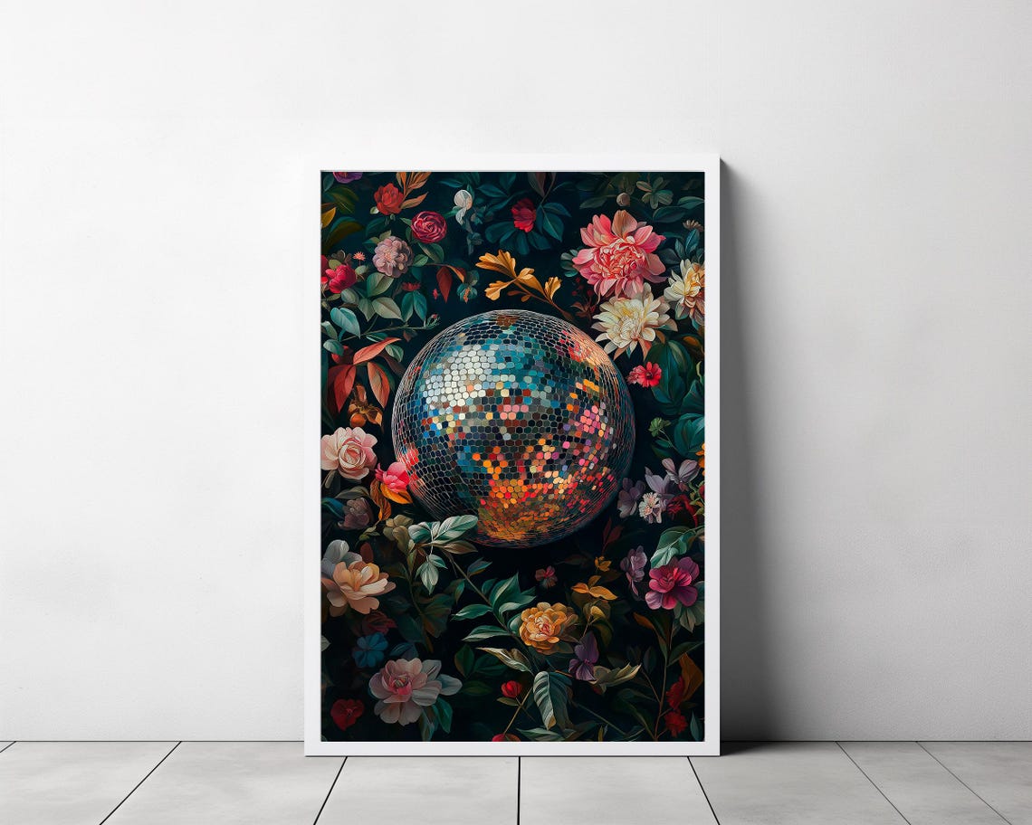 Vivid Wall Art Disco Ball Maximalist Painting Bold Eclectic Botanical Print Green Trendy Kitsch Poster Colorful Dopamine Decor - Image 3