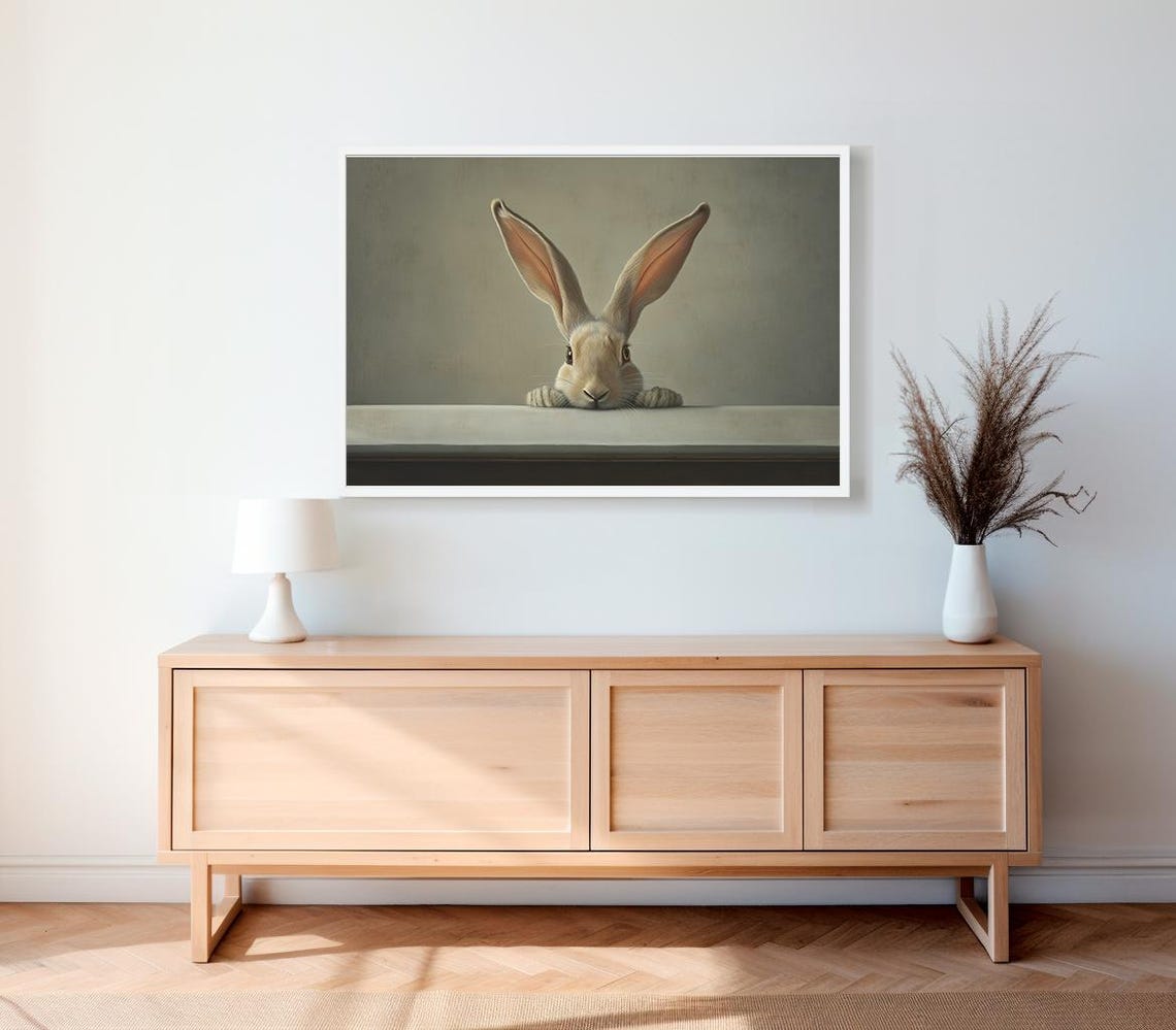 Wide-Eyed Cream Bunny with Paws Peeking Over a Grey Ledge Poster - Image 2