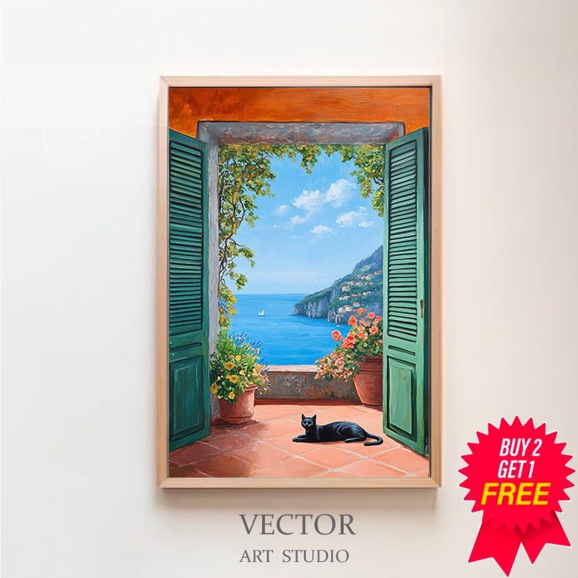 Black Cat on a Terrace with Green Shutters Amalfi Coast Poster