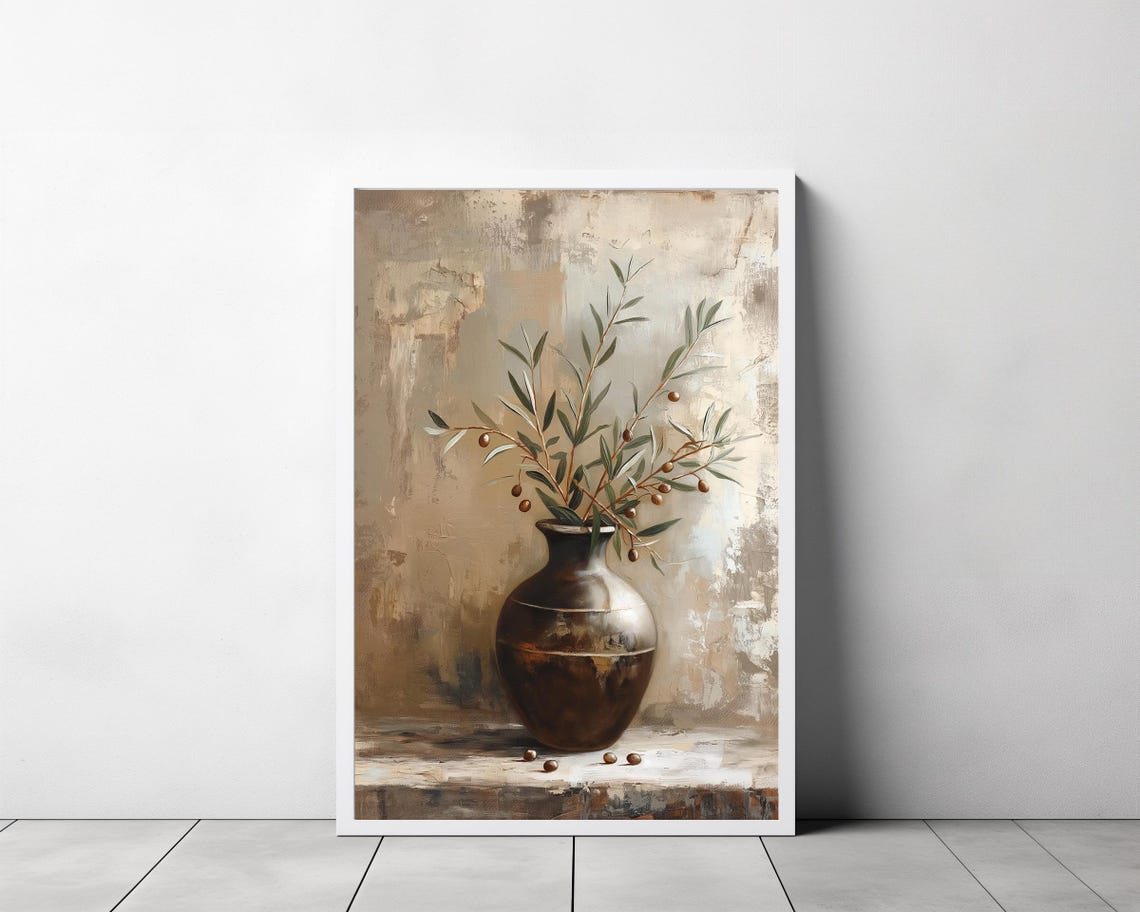 Moody Dark Brown Ceramic Vase with Olive Sprigs Still Life Poster - Image 3