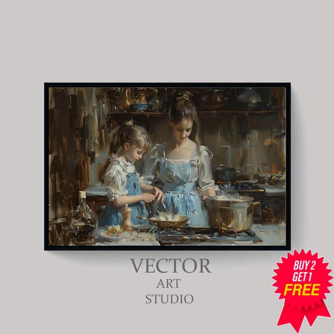 Mother And Daughter Cooking Vintage Rustic Kitchen Oil Painting Poster - Image 4