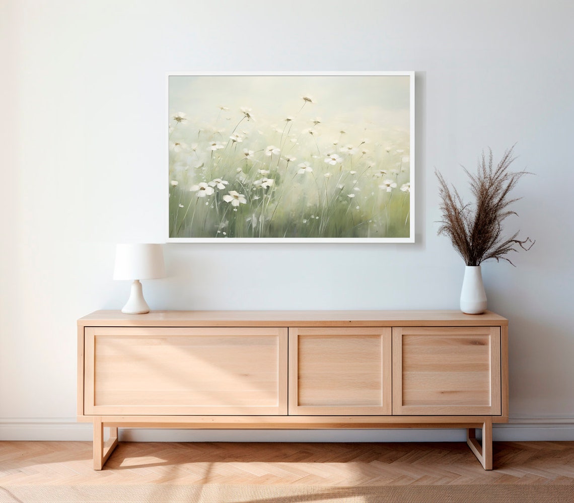 White Wildflowers Meadow Soft Green Cottagecore Floral Poster - Image 2