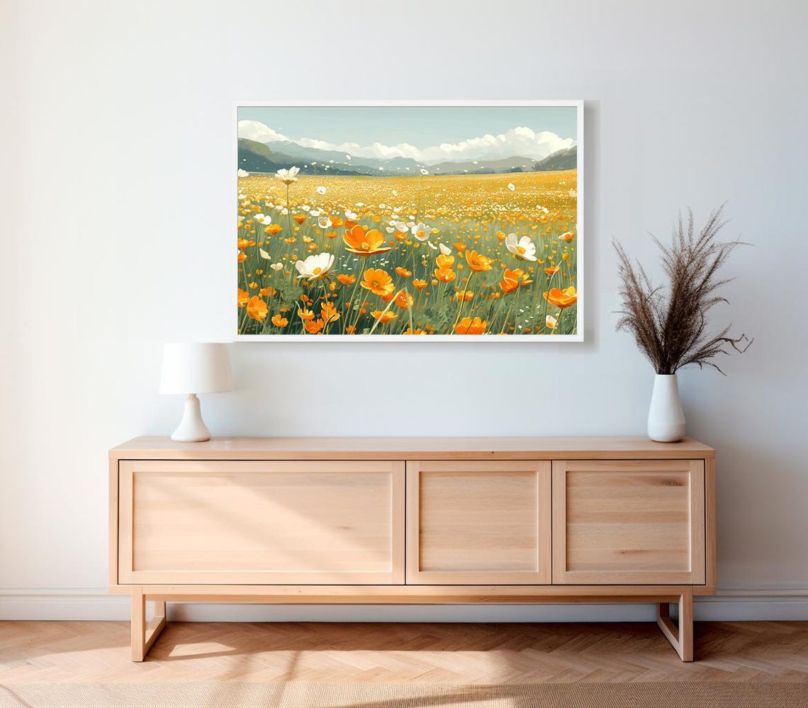 Sunlit Orange and White Wildflower Field Mountain Landscape Poster - Image 2