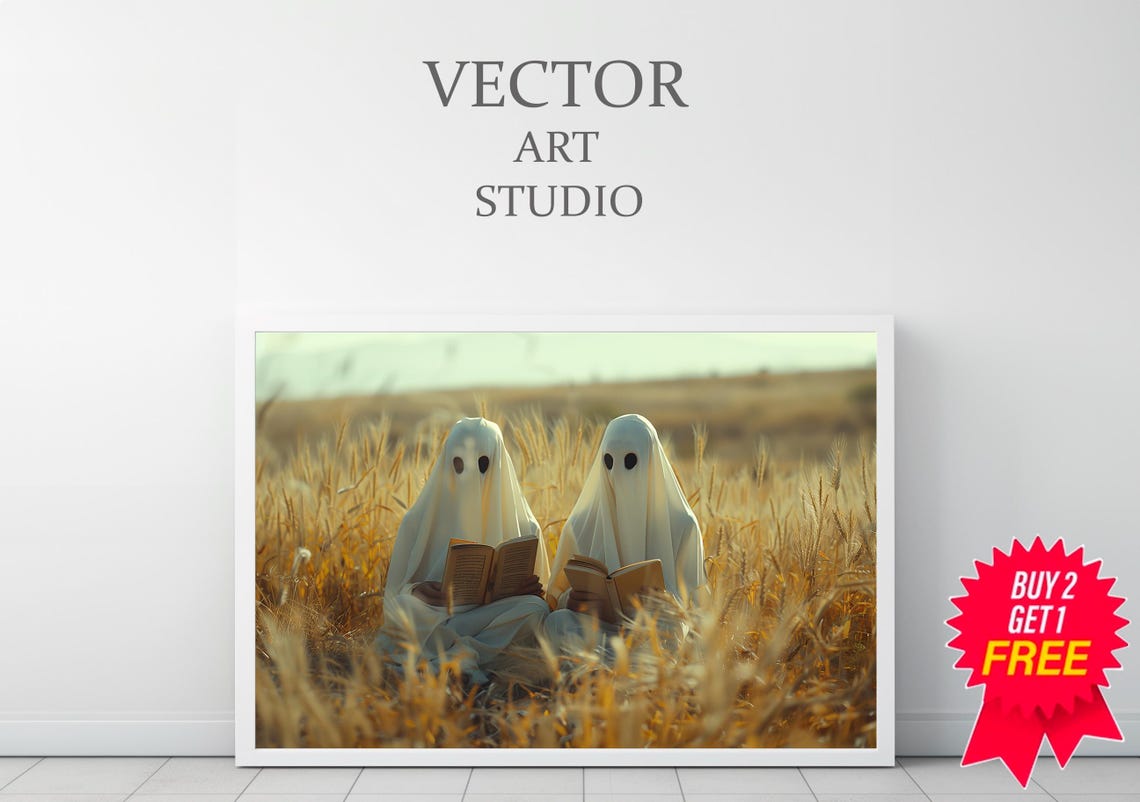 Two Cute Ghosts Reading Books At Golden Hour Wheat Field Art Poster - Image 3