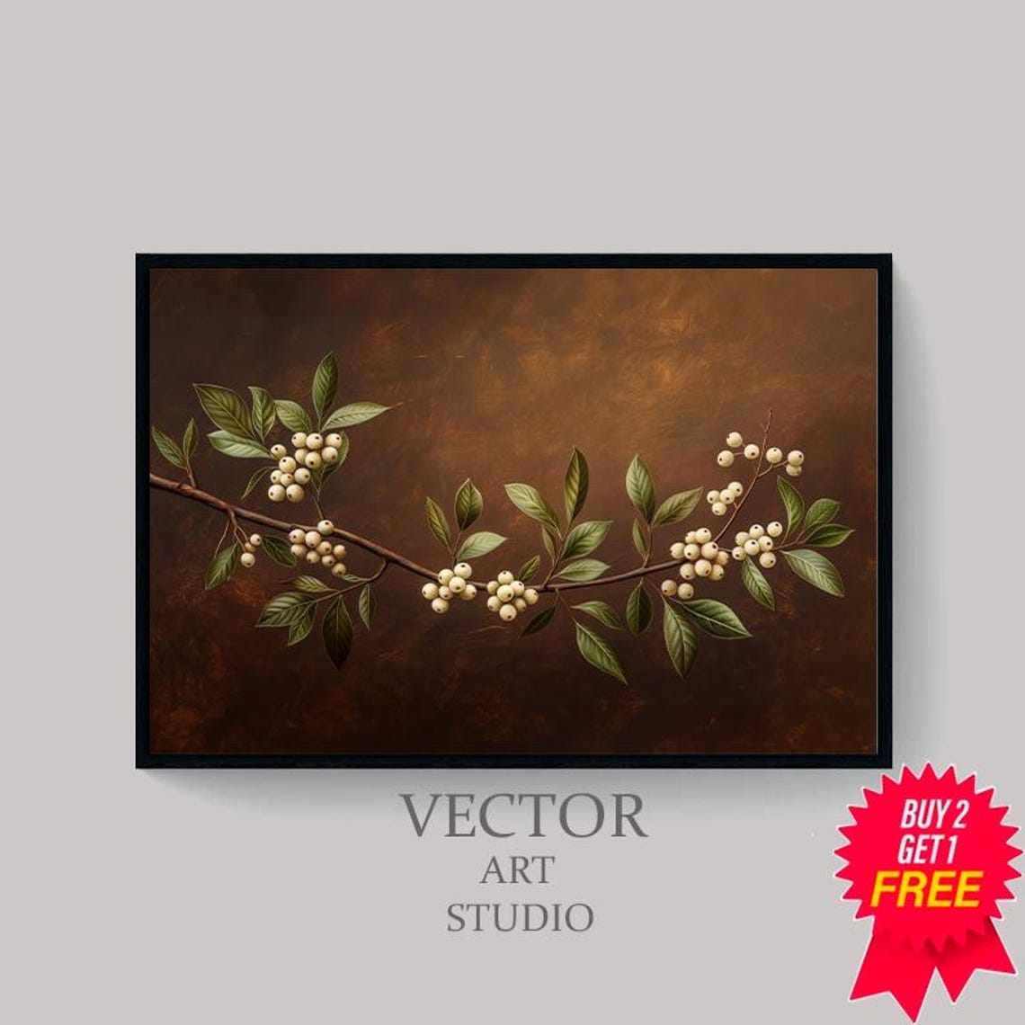 White Berries on Dark Branch Vintage Botanical Still Life Wall Art - Image 4