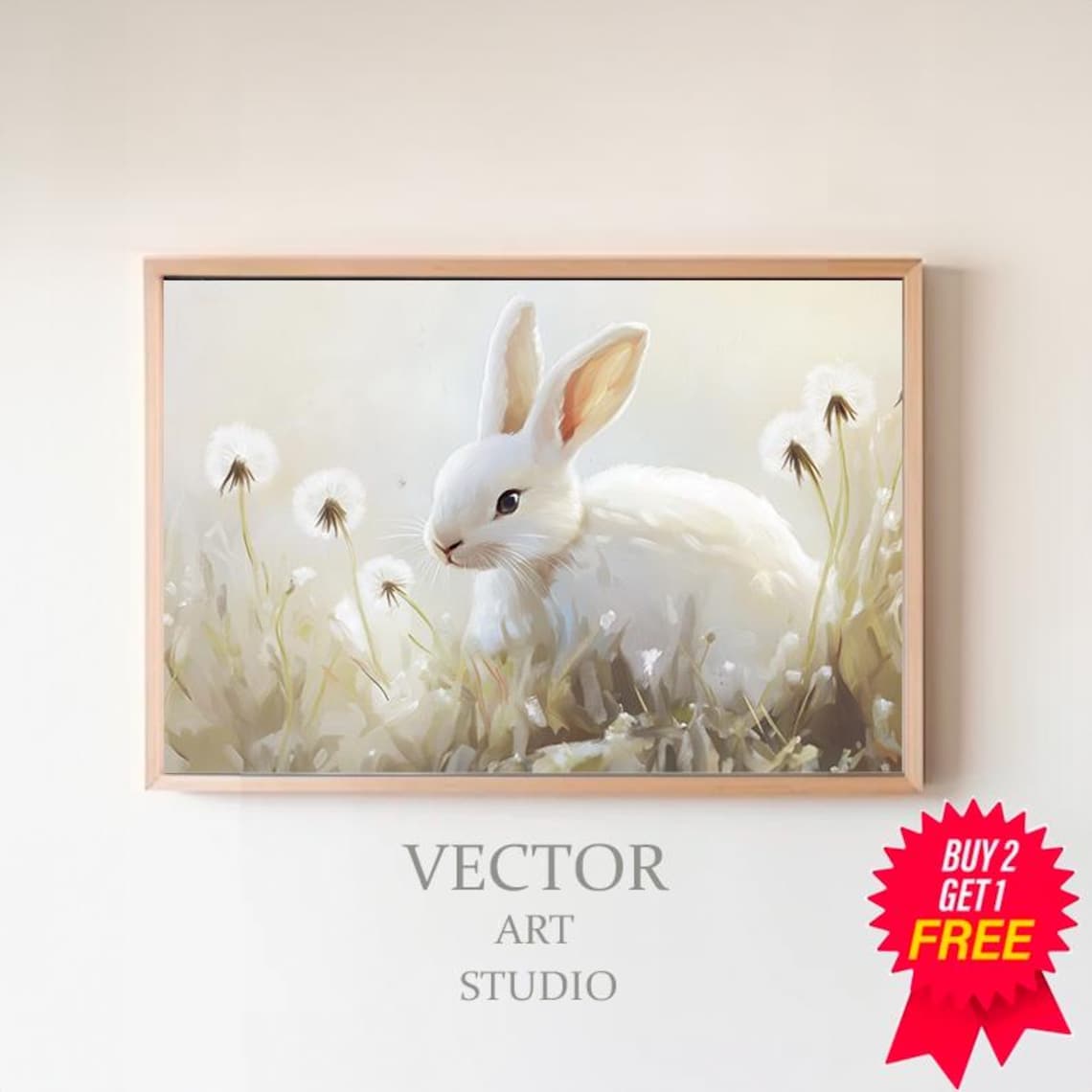 White Rabbit Resting Among Dandelions in a Pale Dreamy Meadow Art Poster