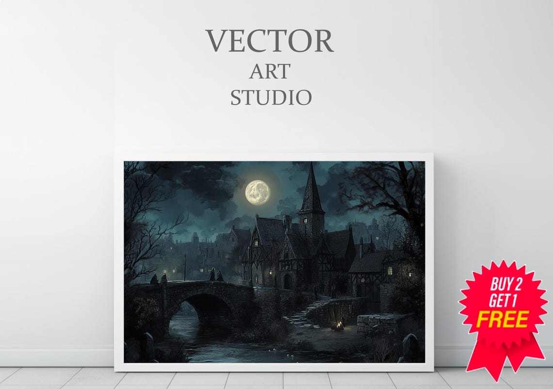 Moonlit Village With Church Spire Spooky Gothic Painting Poster - Image 3