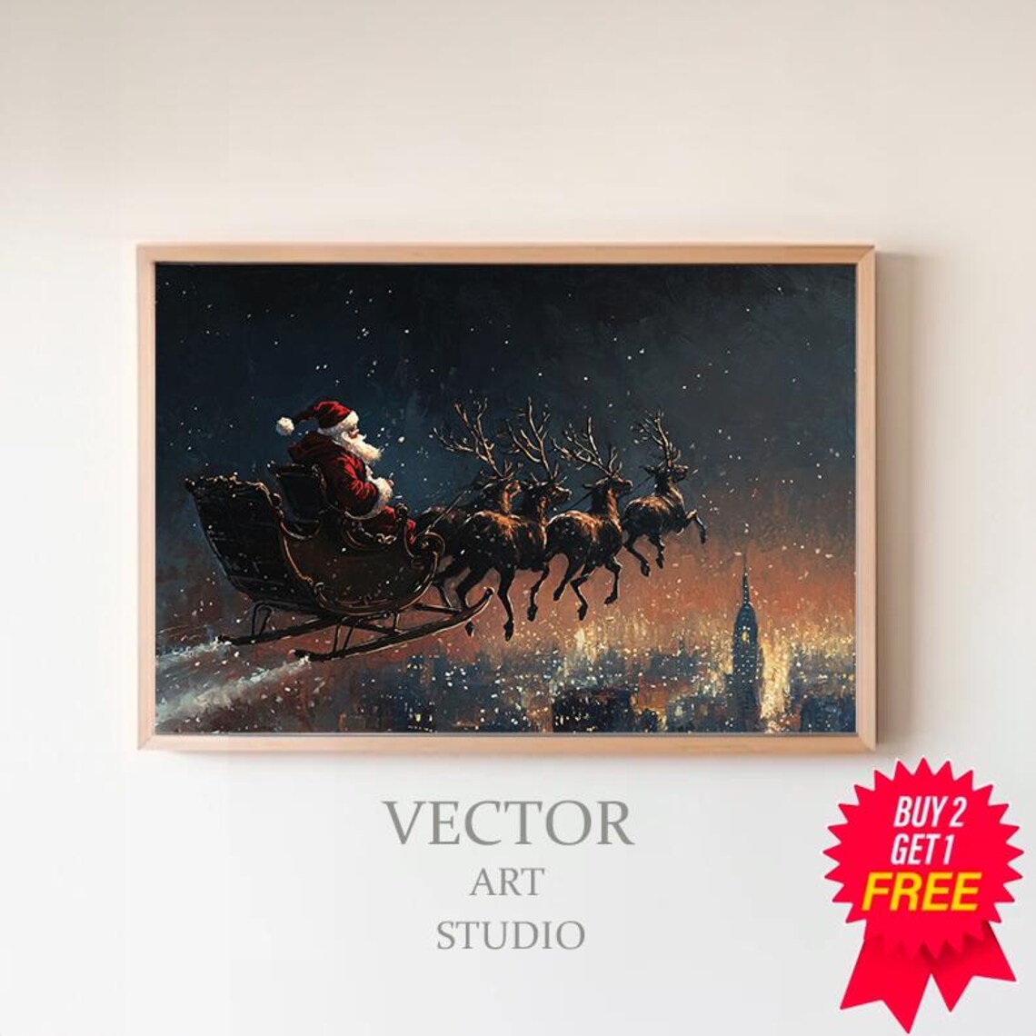 Santa Sleigh Over Snowy City At Dusk Vintage Christmas Poster