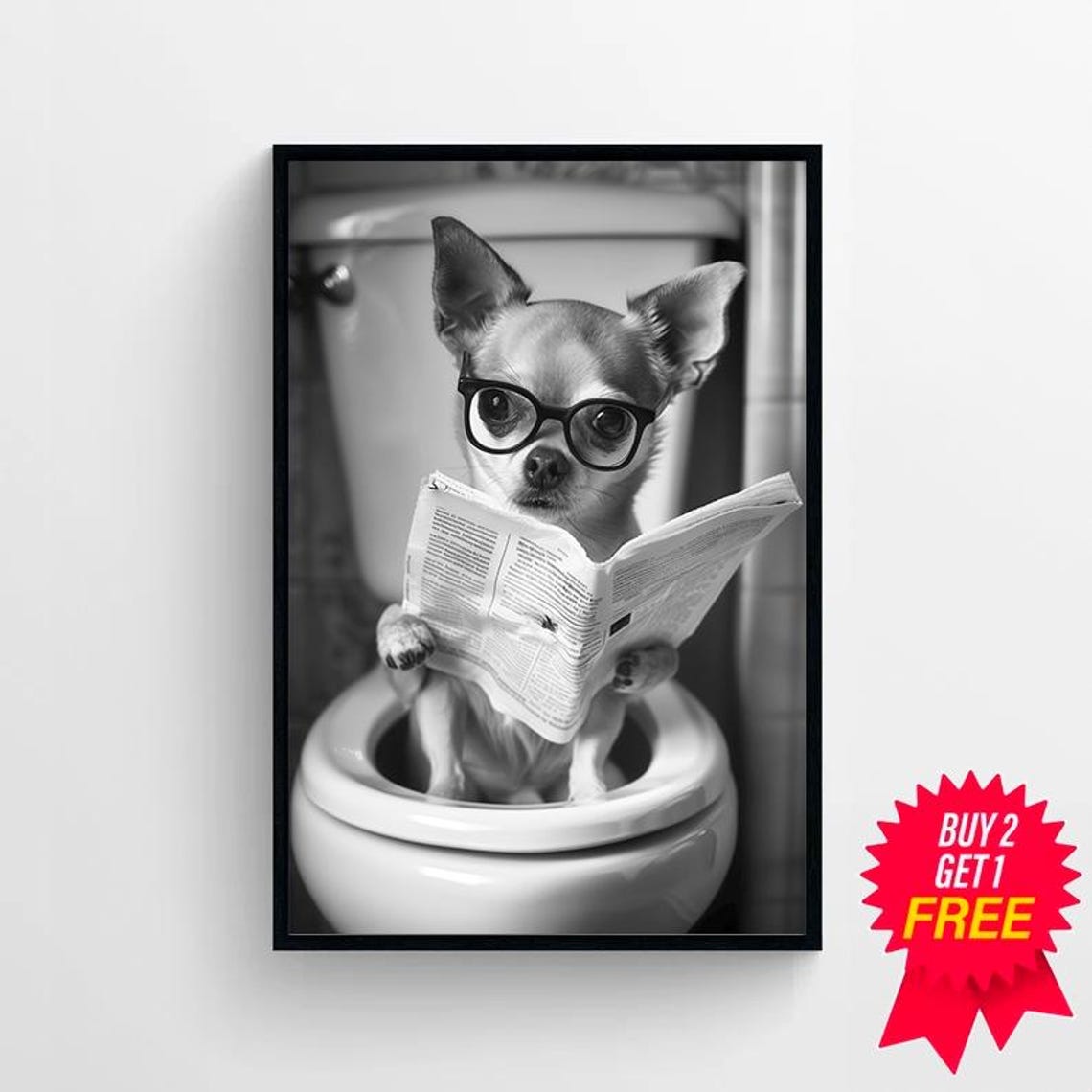 Chihuahua in Black Frames Staring from Toilet Newspaper Poster - Image 4