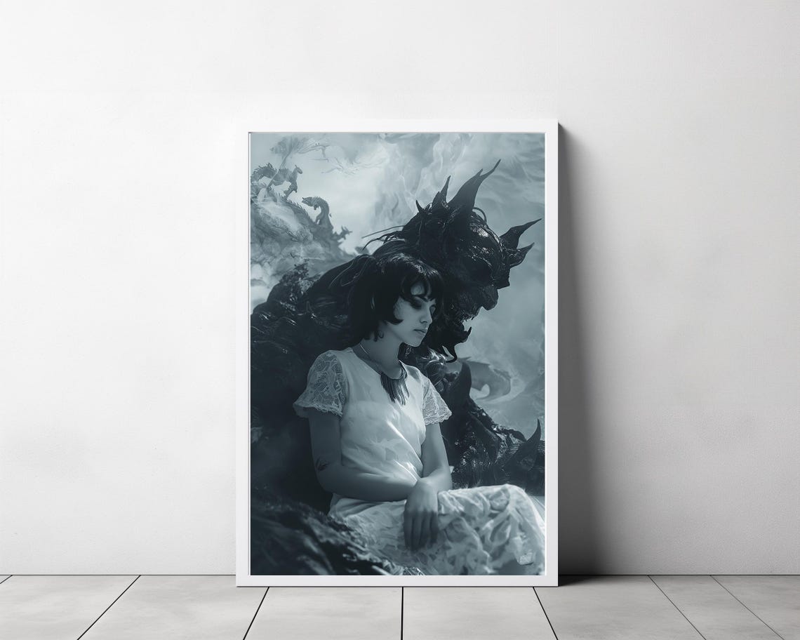 Devil Embrace Woman In White Lace Dress With Demon Gothic Poster - Image 3
