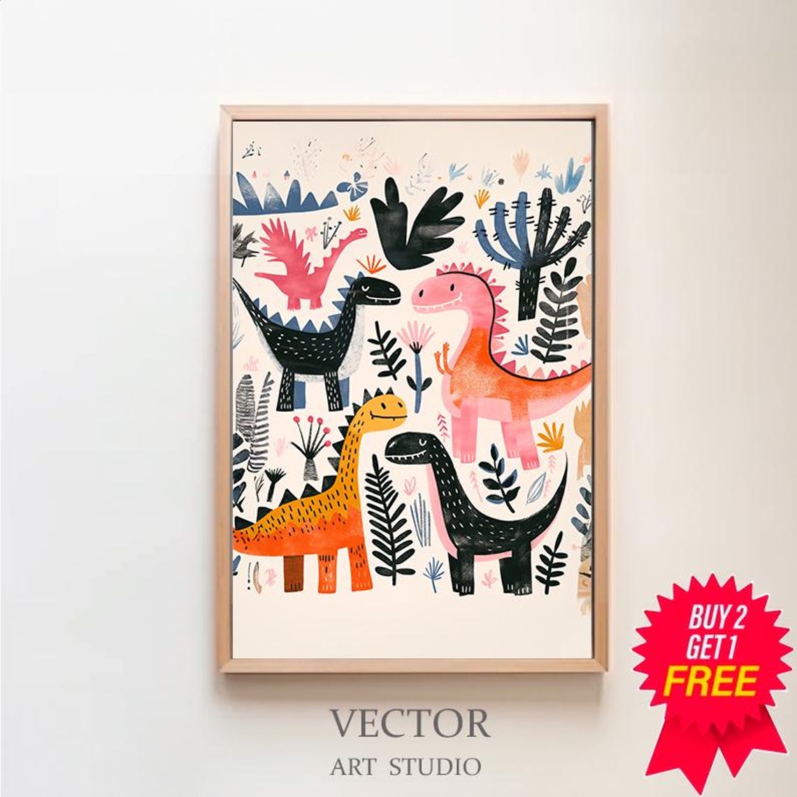 Playful Smiling Dinosaurs Among Prehistoric Plants Nursery Poster