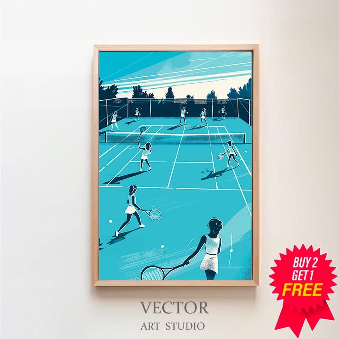 Retro Blue Tennis Court Illustration with Vintage Players Poster