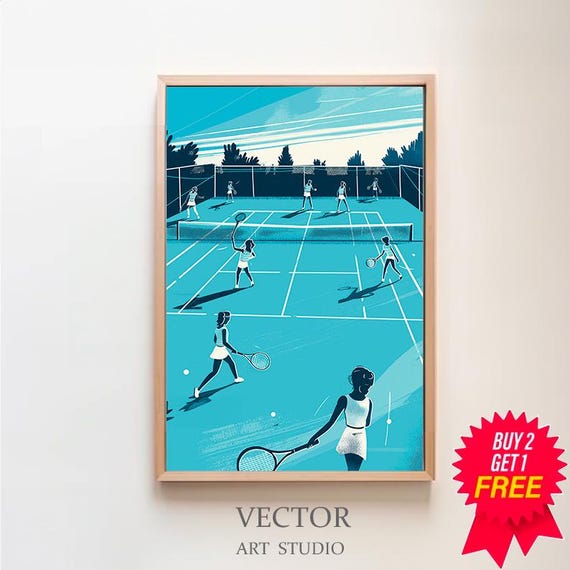 Retro Tennis Art Tennis Vintage Art Small People Art Minimalist Wall Decor Art Print Blue Wall Art Blue Art Print