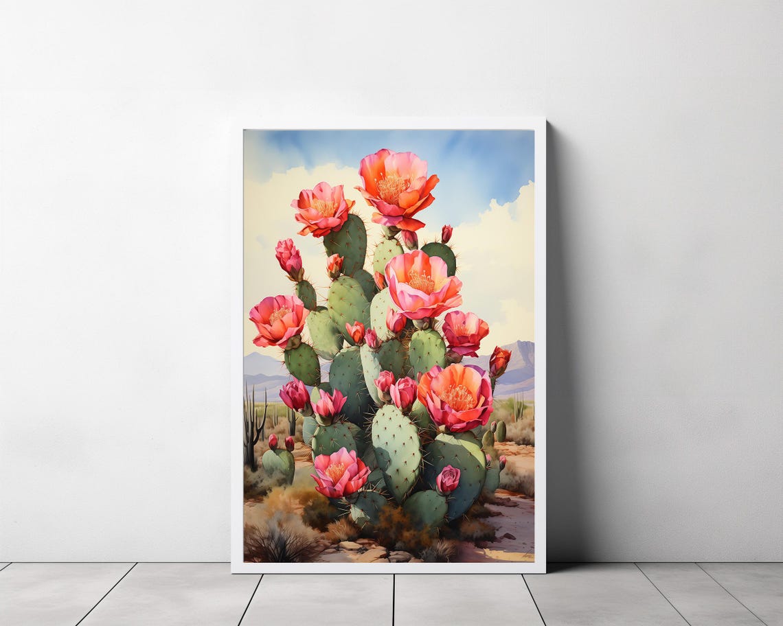 Coral Blooming Prickly Pear Cactus with Saguaro Desert Scene Poster - Image 3