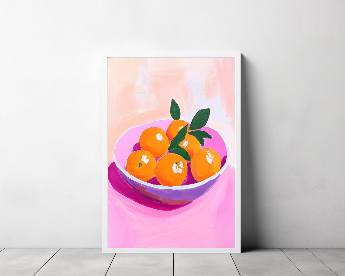 Bowl Of Bright Oranges With Green Leaves On Pink Background Poster - Image 3