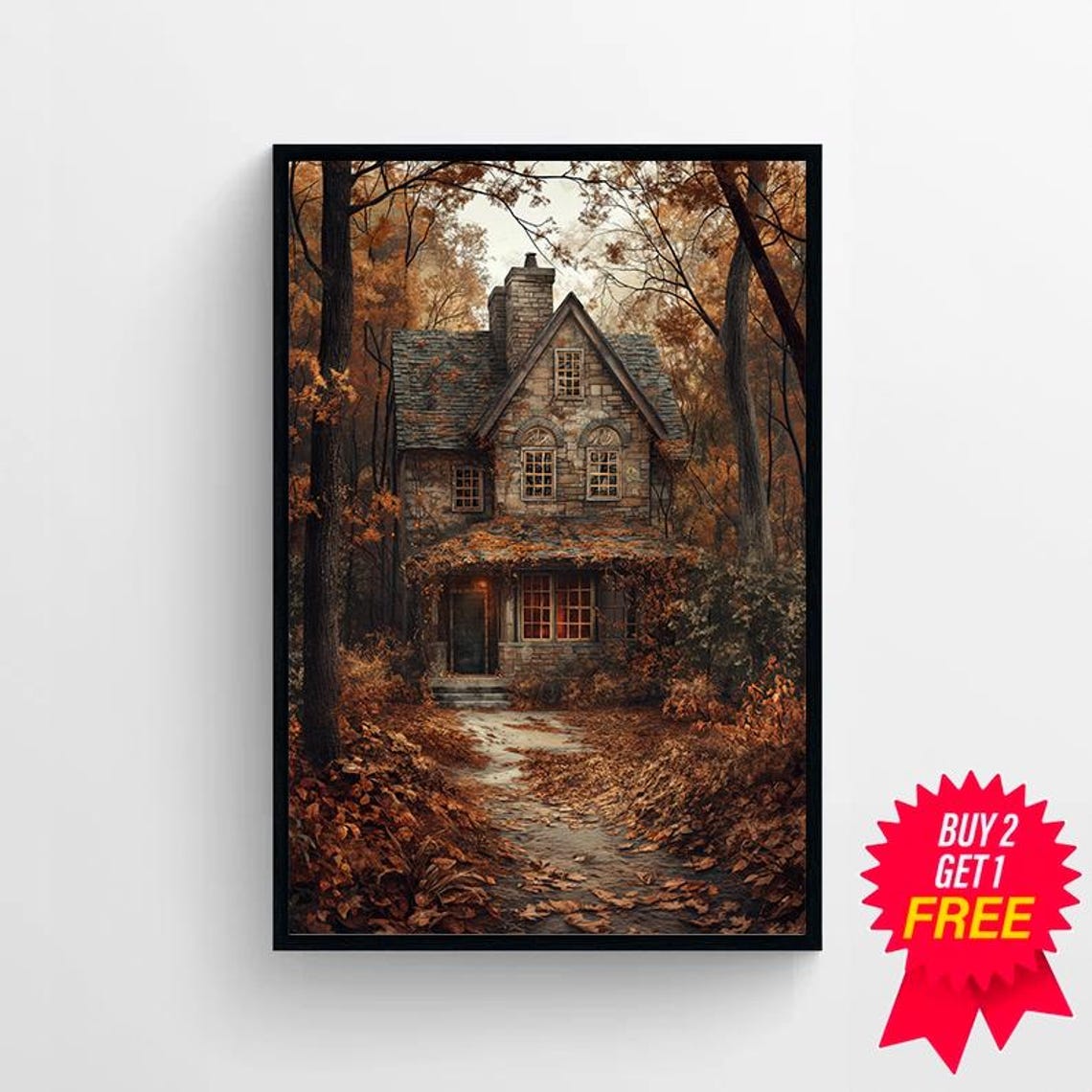 Stone Cottage with Warm Windows in Autumn Woods Storybook Poster - Image 4