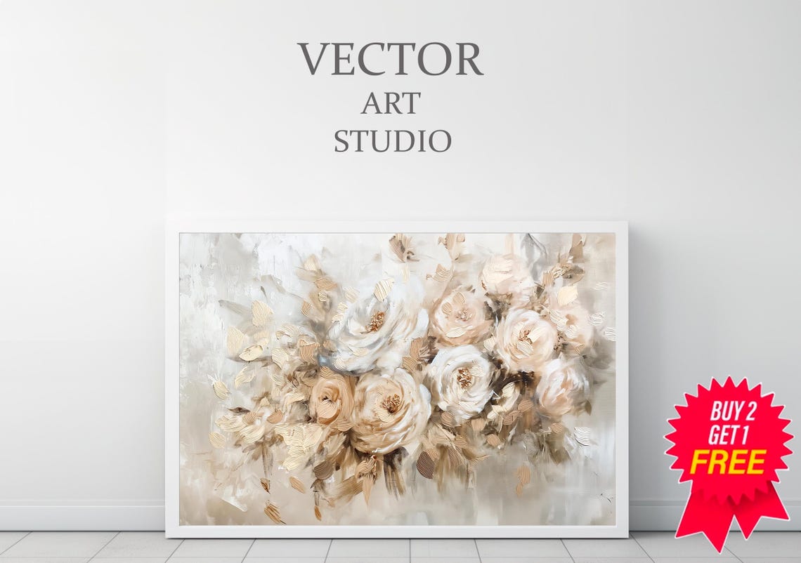 Neutral White Roses Bouquet Textured Floral Oil Painting Wall Art - Image 3