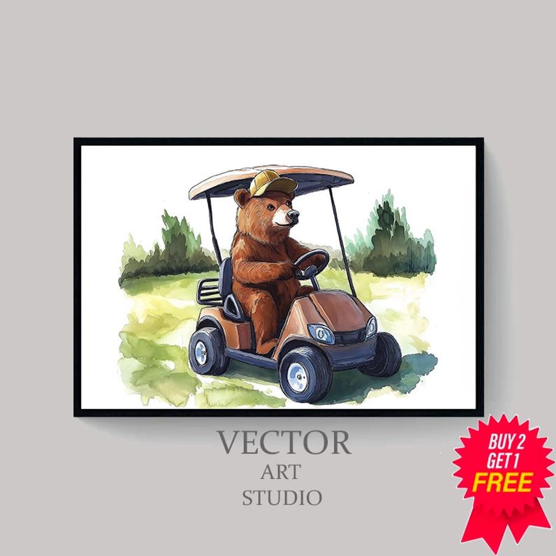 Brown Bear Driving Golf Cart Watercolor Nursery Golf Decor Poster - Image 4