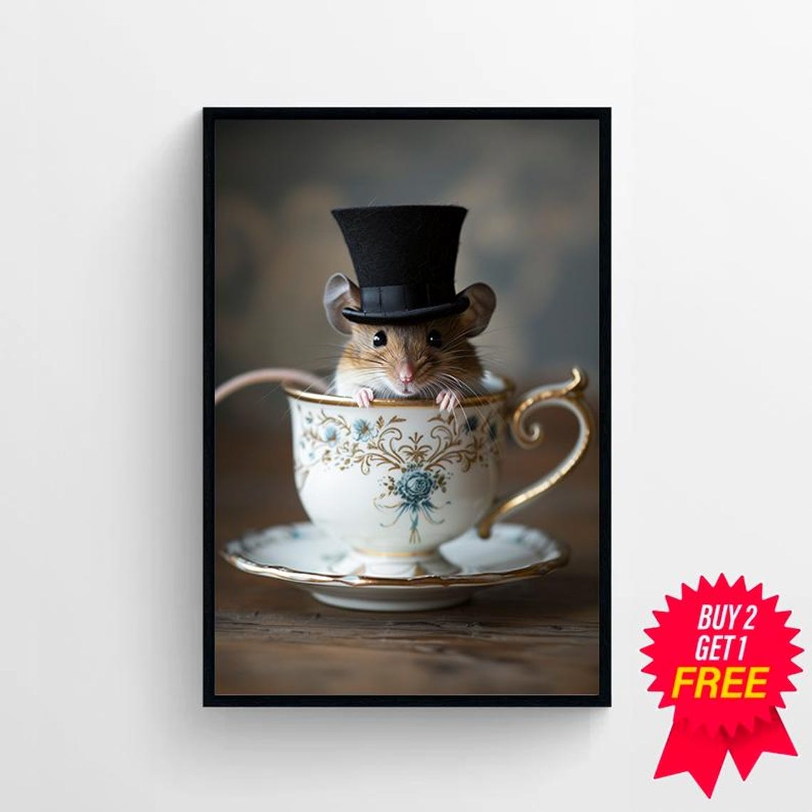Tiny Curious Mouse in Top Hat Sitting in Vintage Teacup Poster - Image 4