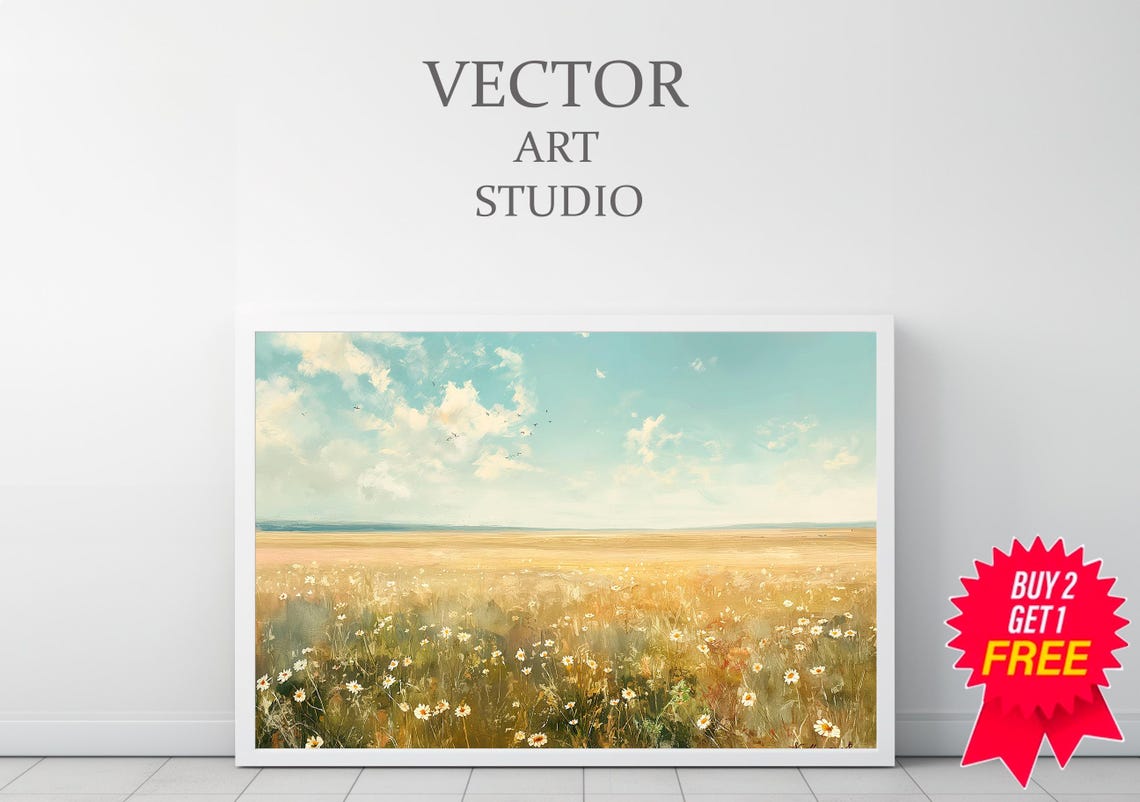 Impressionist Daisy Meadow Under Turquoise Sky Vintage Poster - Image 3