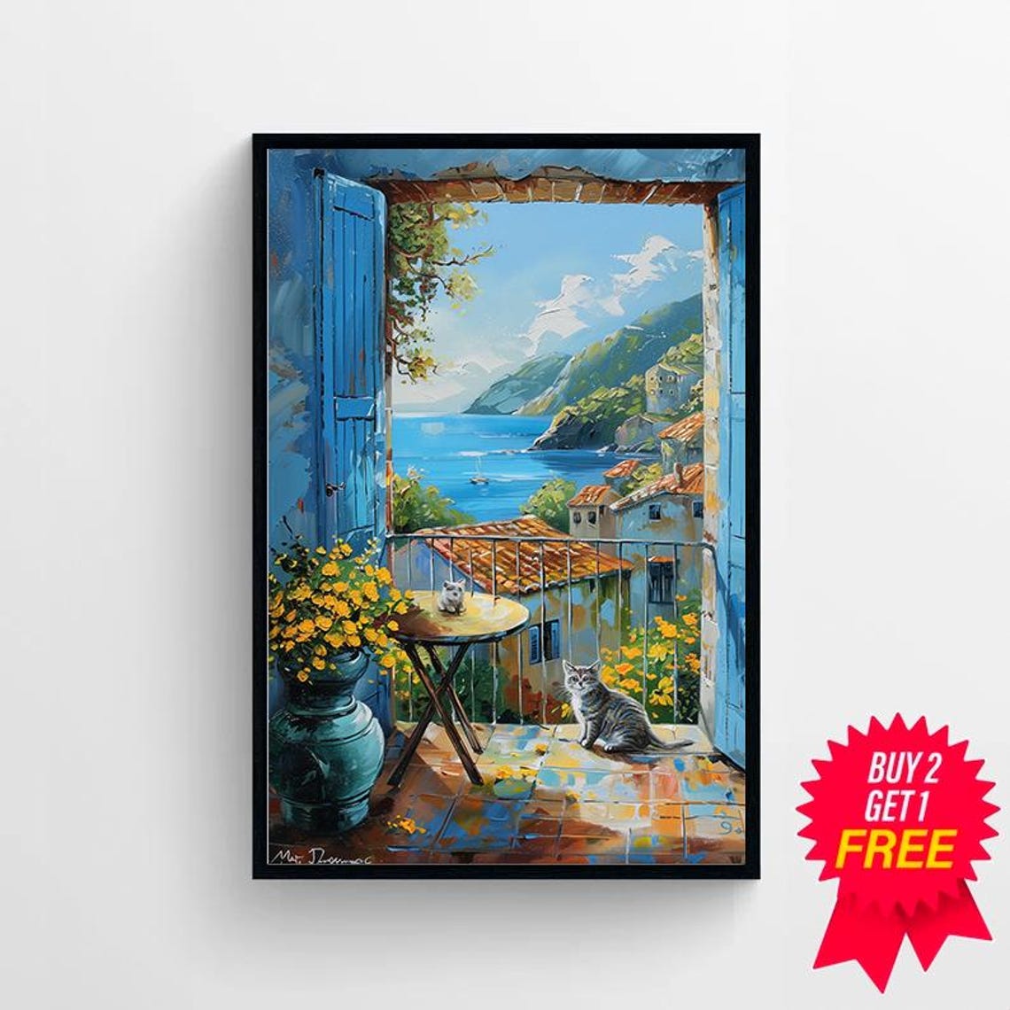 Tabby Cat on an Italian Coast Balcony with Yellow Flowers Art Poster - Image 4