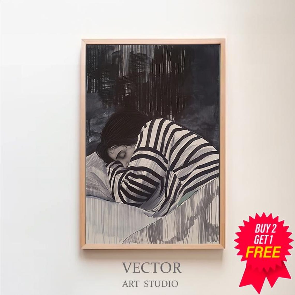 Sleeping Woman Dark Sketchy Striped Shirt Moody Bedroom Art Poster