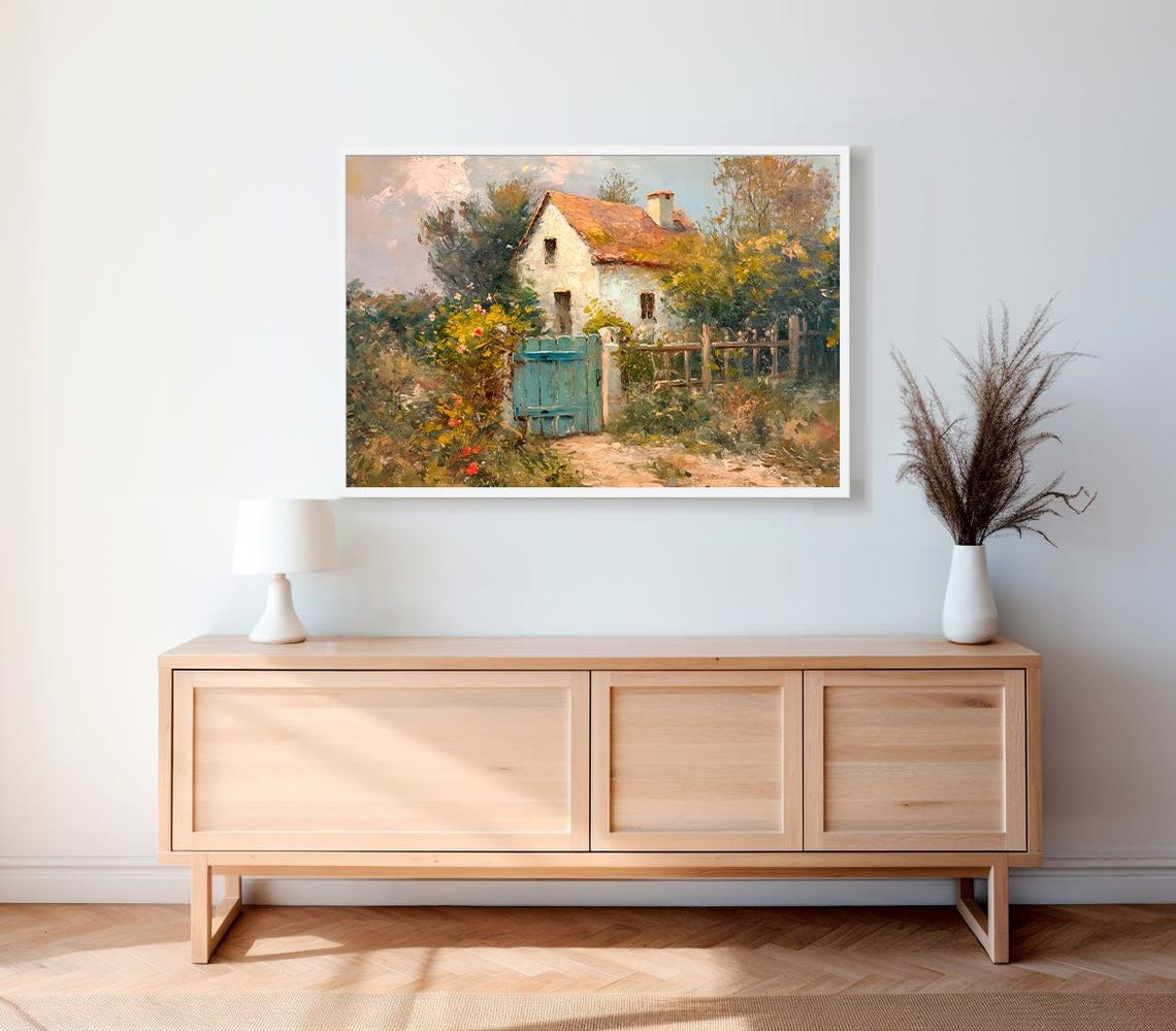 Charming Cottage with Blue Gate and Terracotta Roof Rustic Poster - Image 2