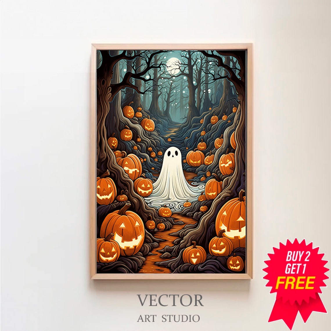 Cute Ghost Among Jack O Lanterns in a Moonlit Pumpkin Forest Poster