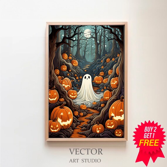 Cute Ghost Among Jack O Lanterns in a Moonlit Pumpkin Forest Poster