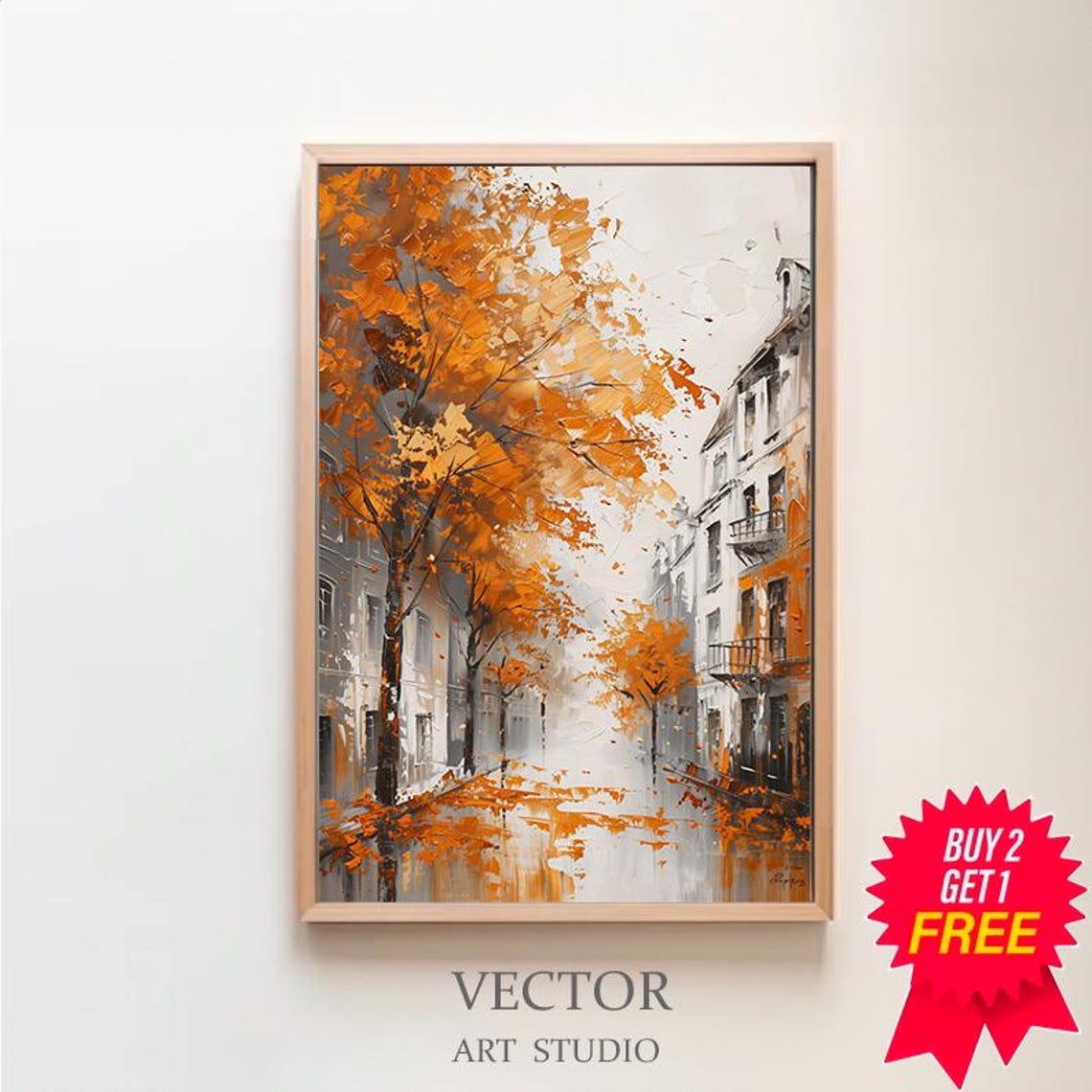 Rainy Autumn City Street Lined with Glowing Orange Trees Poster