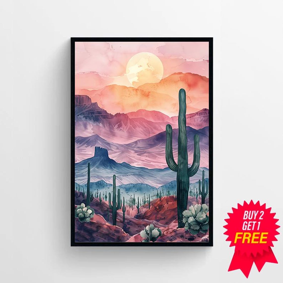 Sonoran Desert Sunrise Saguaro Cactus Mountains Watercolor Poster - Image 4