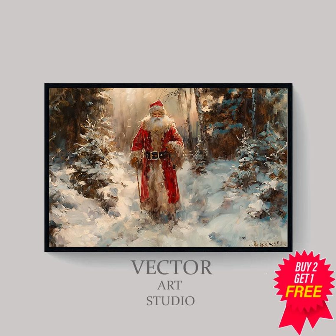 Vintage Santa Claus Walking Through Snowy Forest Christmas Poster - Image 4