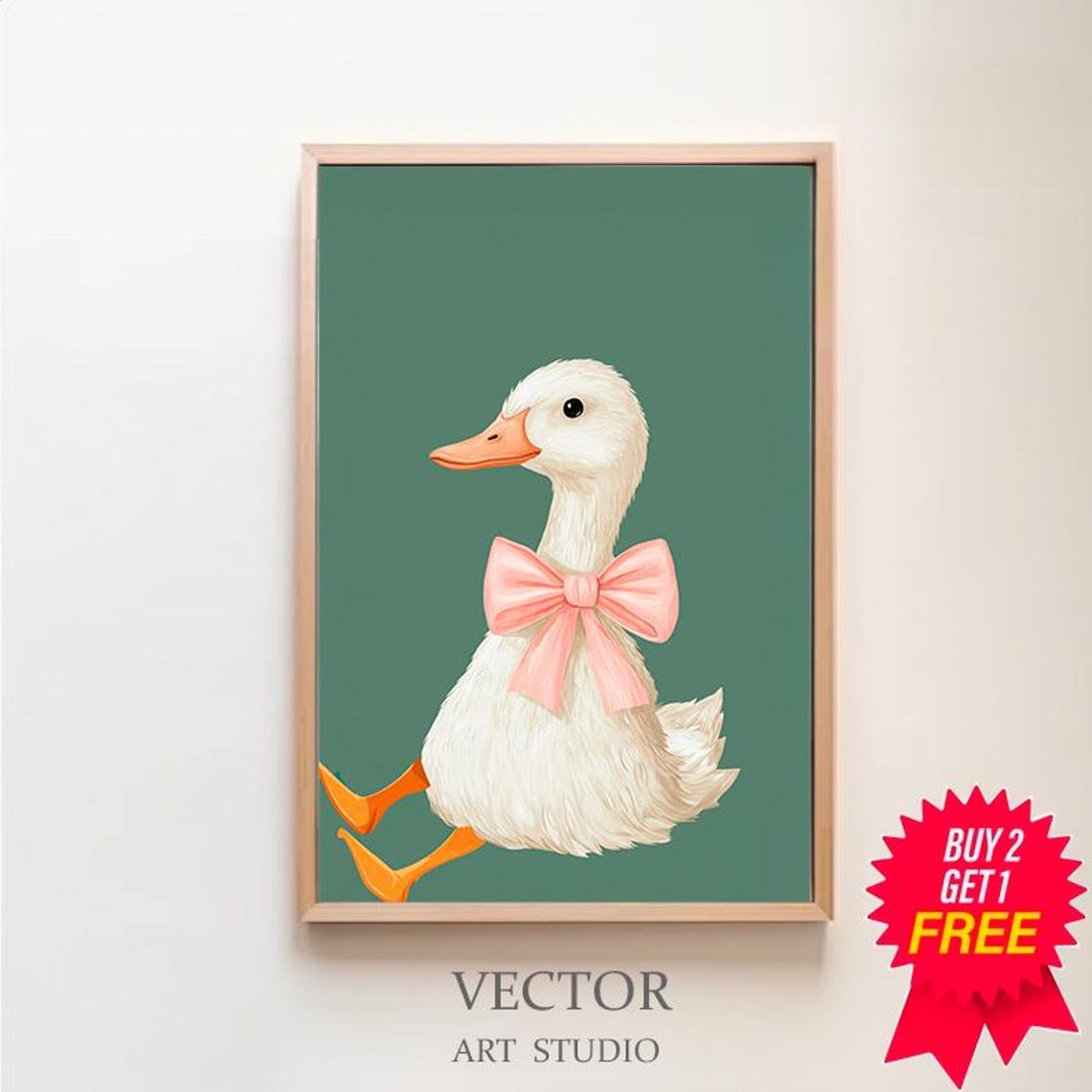 Cute Fluffy Duck With Big Pink Bow Running on Dark Green Poster