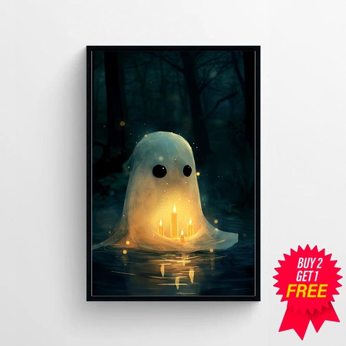 Cute Glowing Ghost with Candles Floating on Dark Water Poster - Image 4