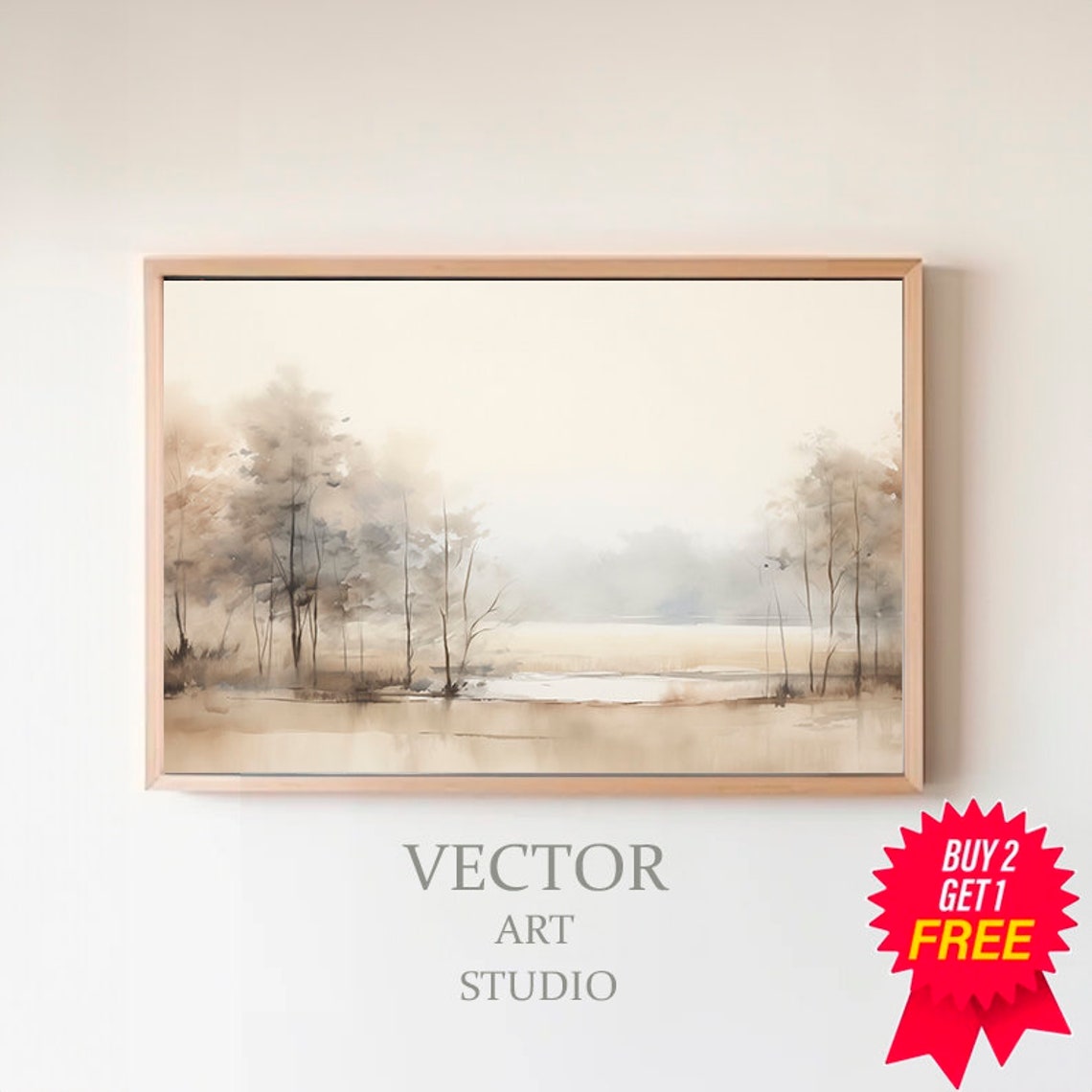 Misty Lake with Pale Trees Soft Neutral Watercolor Landscape Poster