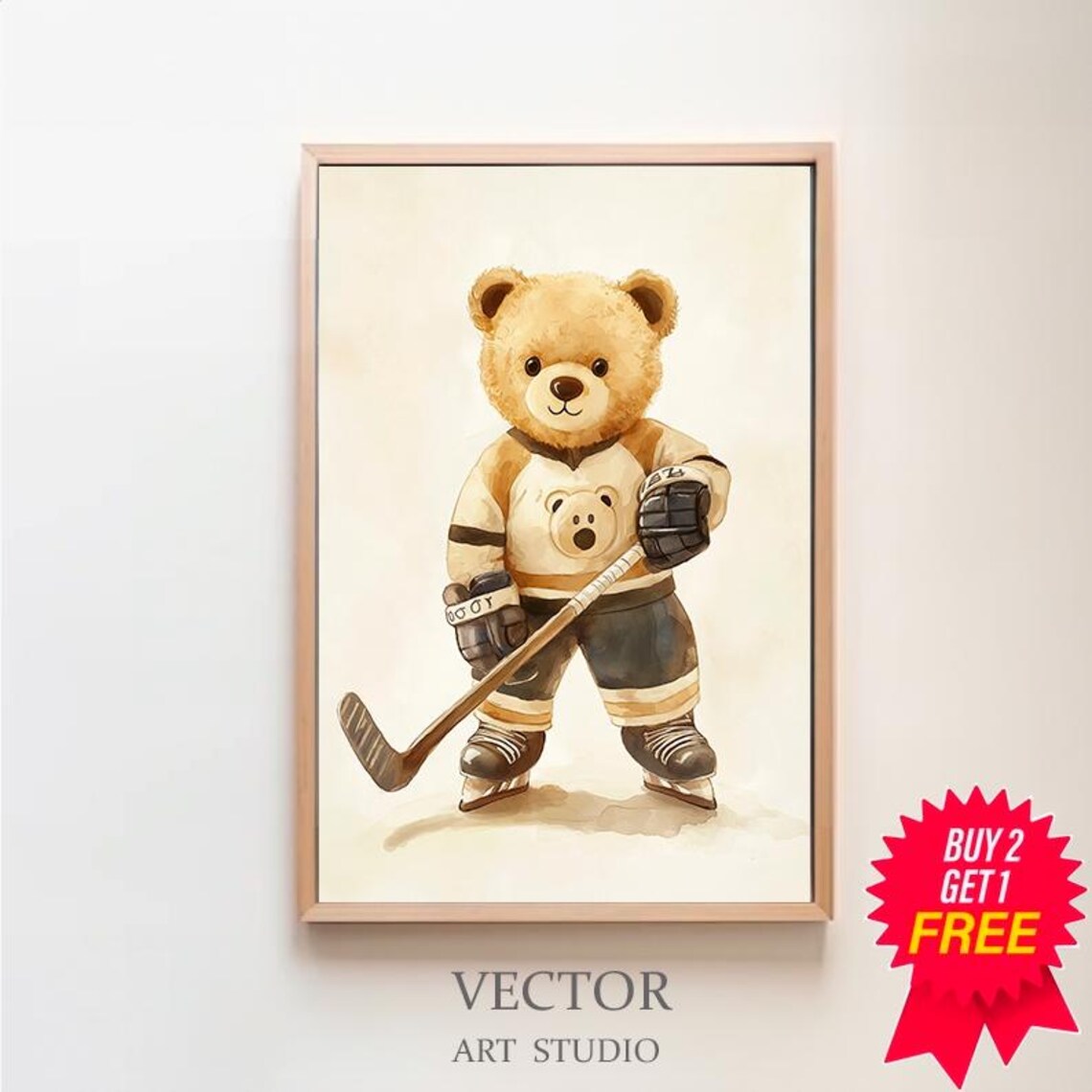 Teddy Bear Playing Hockey, Kids Room Art Print
