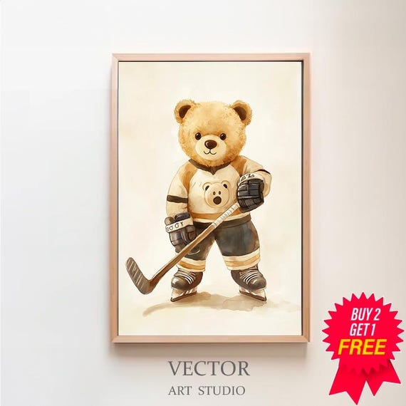 Teddy Bear Playing Hockey, Kids Room Art Print