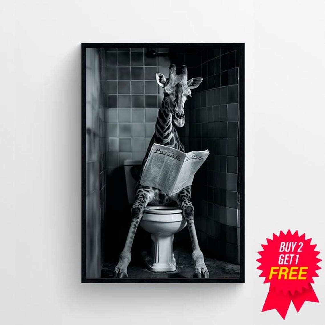 Giraffe On The Toilet Reading The Newspaper Dark Tile B&W Poster - Image 4