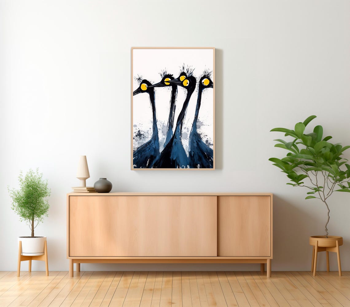 Four Quirky Googly-Eyed Long-Necked Birds Funny Watercolor Poster - Image 2