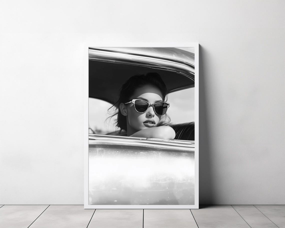 Black and White Retro Woman in Sunglasses in Classic Car Poster - Image 3